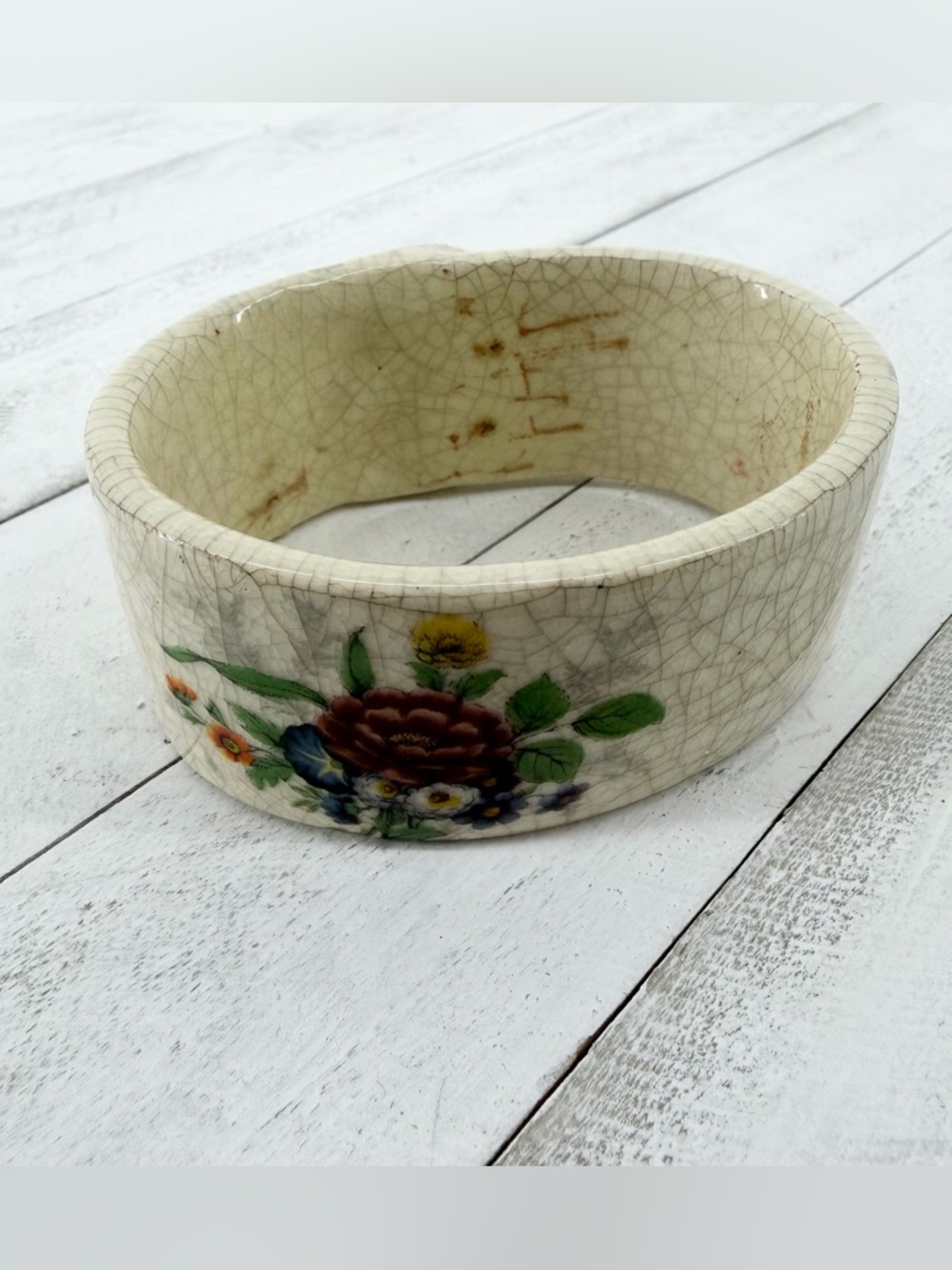 Vintage Hand Painted Floral Ceramic Bangle Bracelet Small Fit Oval Crackle - Picture 3 of 7